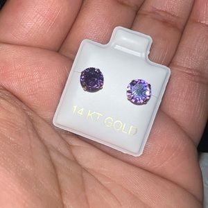 14k 7mm amathyst Cz February gem Italian yellow gold stud earrings